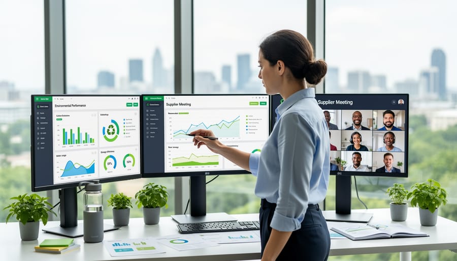 Business professional reviewing sustainability metrics while examining recycled material samples