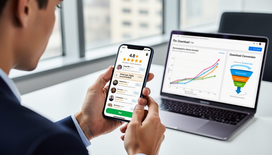 Business professionals examining smartphones with engaged expressions in modern office