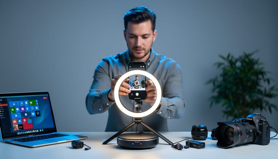 Marketer adjusting a vertically mounted smartphone before a ring light to record a product demo on a small turntable, with a blurred laptop, camera, microphone, and workspace gear in the background.