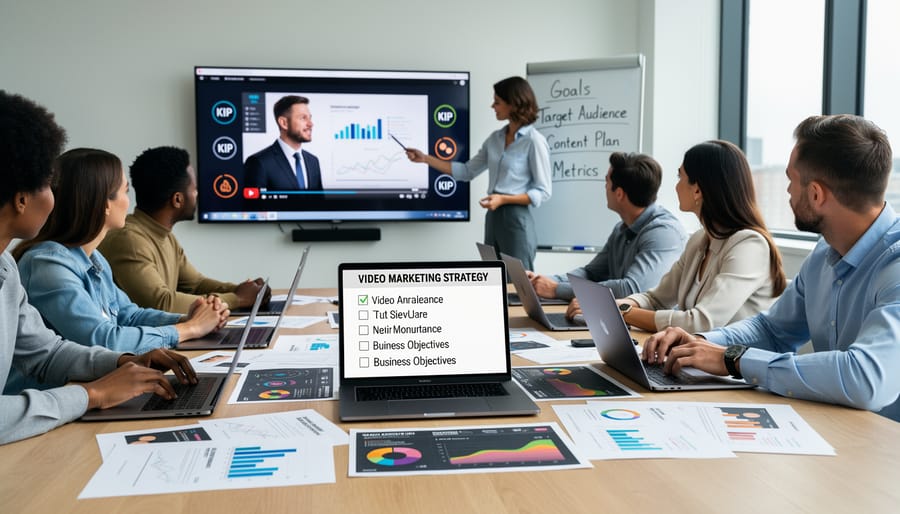 Business team analyzing video marketing performance on laptop in modern office