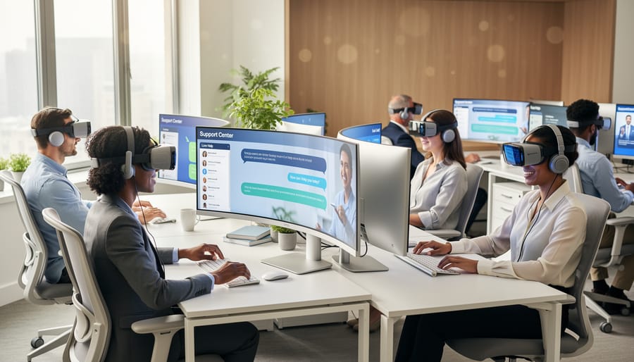Customer service professional using VR headset in office environment