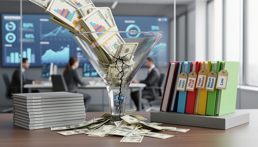 Overhead view of scattered money and marketing reports on office desk representing wasted budget