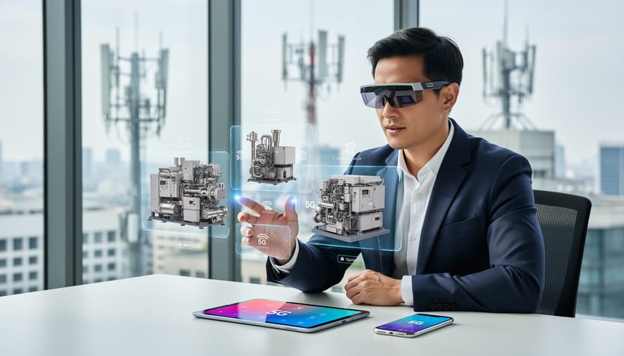 Business professional using smartphone with augmented reality product demonstration