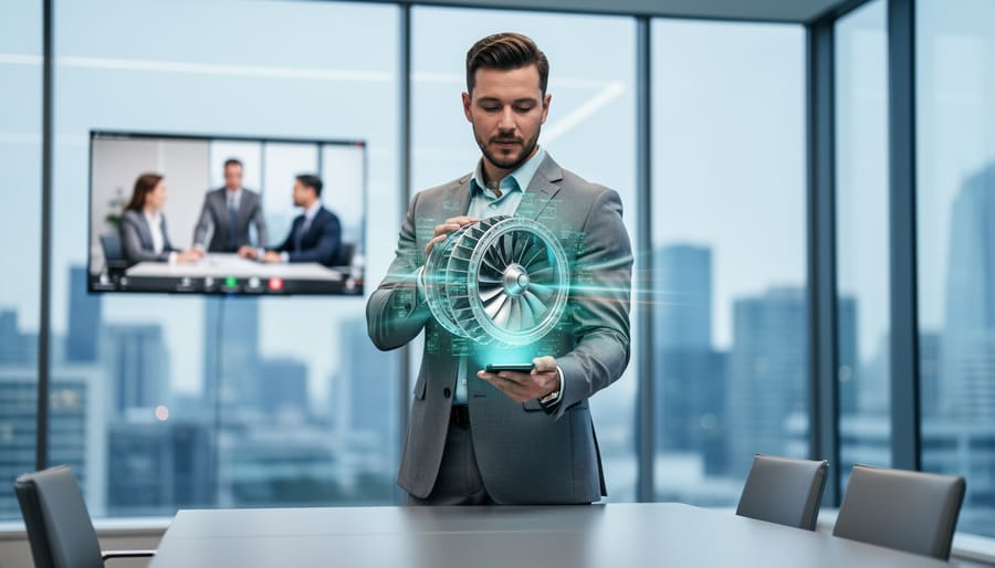 Business professional holding a smartphone displaying a floating 3D AR turbine model, with a blurred video call on a large screen in a modern glass-walled office under cool blue lighting.