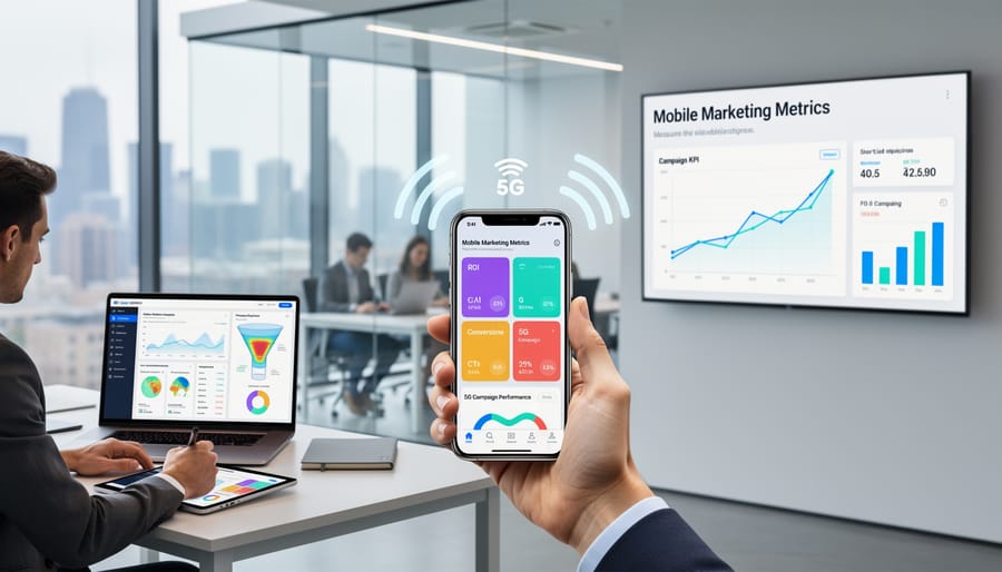 Smartphone displaying marketing analytics dashboard on professional desk workspace