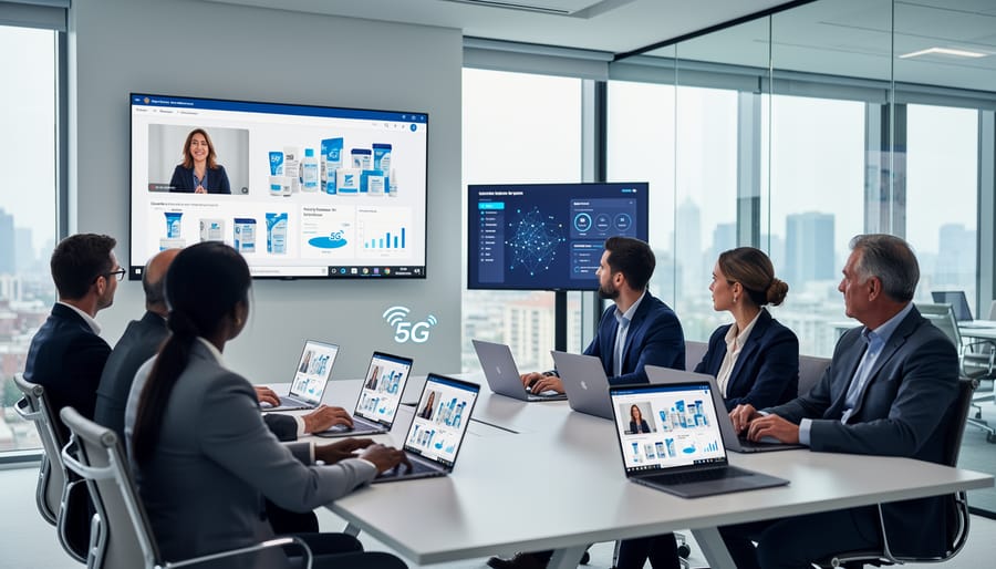 Business team engaged in high-quality video presentation in modern conference room