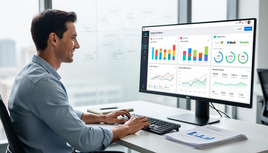 Modern workspace with multiple monitors showing automated AI advertising analytics dashboards