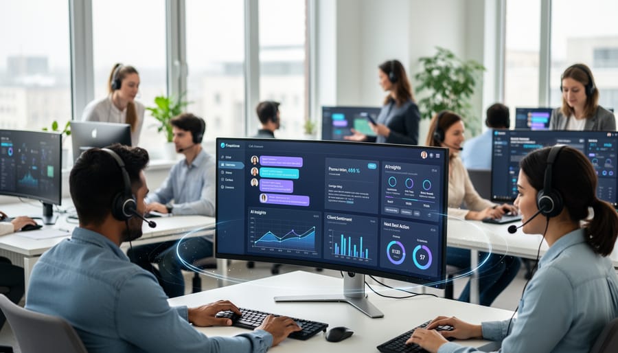 Customer support professional working at modern desk with multiple monitors