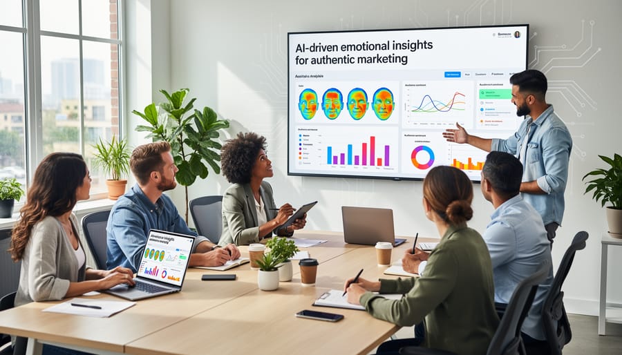 Marketing professional analyzing emotional engagement data on computer in modern workspace