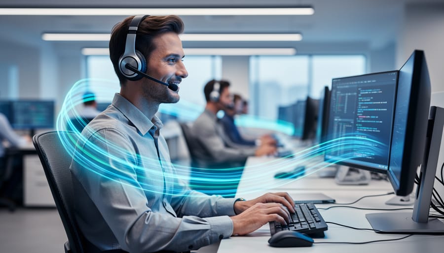 Headset-wearing customer support lead at a modern desk with cool blue lighting and subtle glowing light trails symbolizing AI-driven decisions, colleagues and computer stations blurred in the background