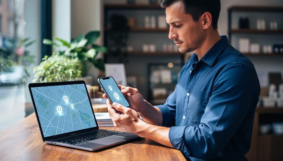 Small business owner at a wooden counter managing a map listing on a smartphone next to an open laptop, subtle location pins over an abstract, label-free map on screens, soft daylight, blurred shop interior with plants and shelves in the background