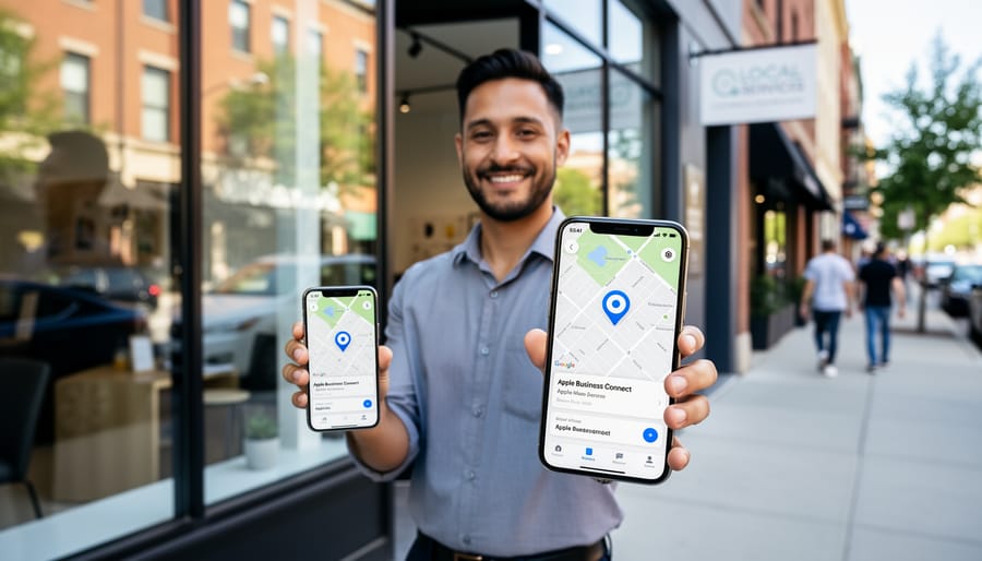 Business owner holding iPhone showing Apple Maps location pin for local business