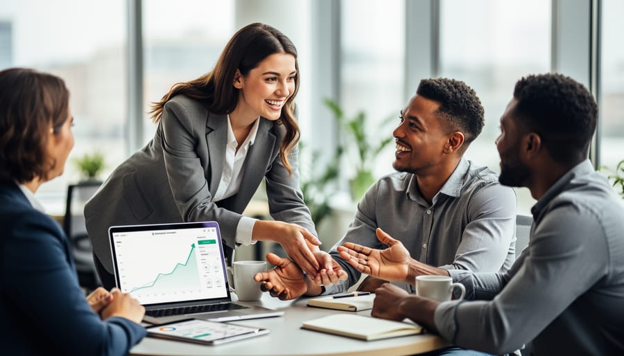 Business team members sharing authentic moment of connection and engagement in modern office