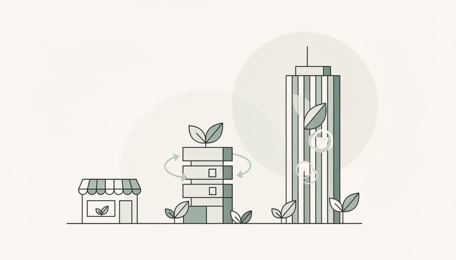 Hands planting seedling surrounded by sustainable business materials representing authentic environmental commitment