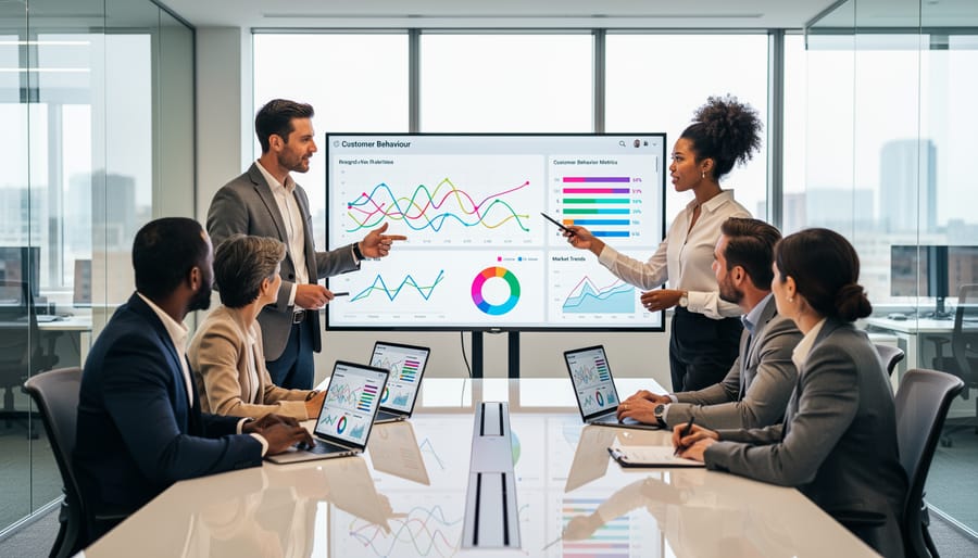 Business professionals collaborating while reviewing data and analytics on laptop computers