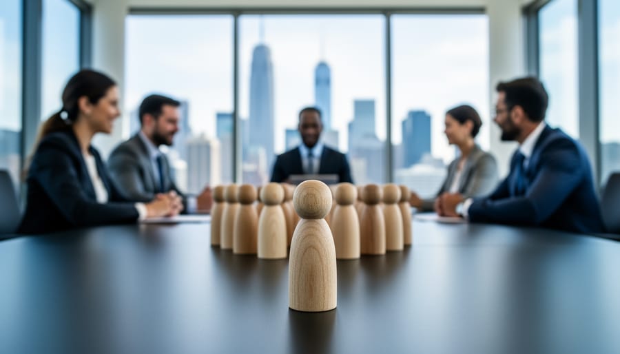 Close-up of a single wooden figurine standing apart from a row on a conference table, with a diverse business team blurred in a glass-walled meeting room, symbolizing targeted B2B personalization.