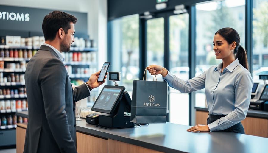 Customer approving a purchase with facial recognition on a smartphone at a retail checkout while a sales associate hands over a shopping bag; store shelves and counter softly blurred in the background.