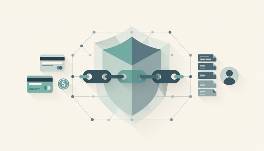 Business professional working on laptop with digital security and blockchain network visualization