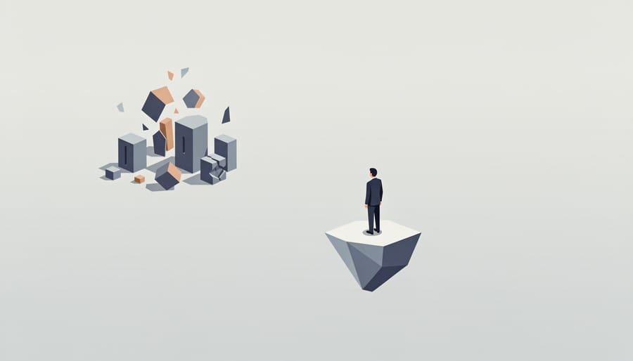 Business executive standing alone in corporate office with worried expression