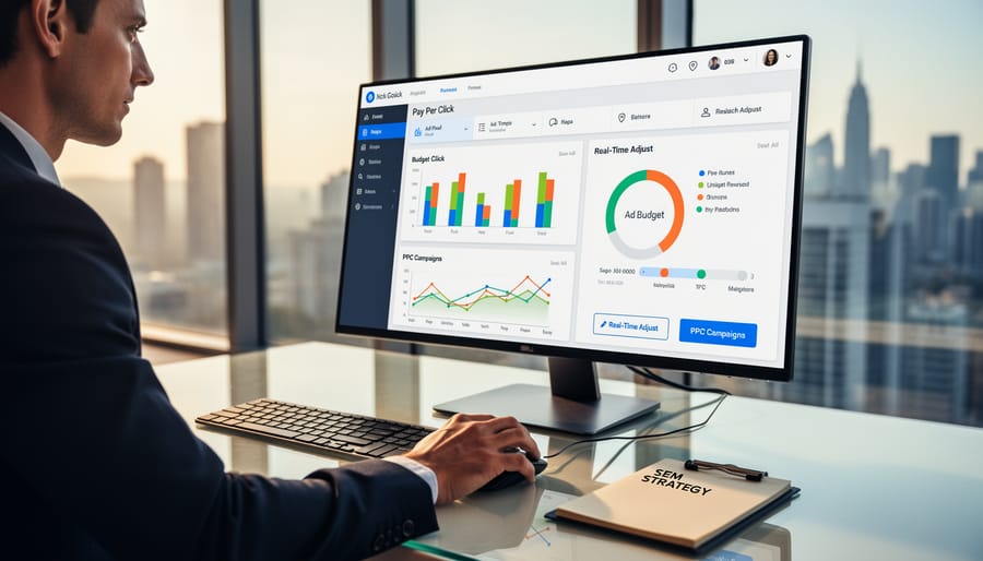 Overhead view of business owner managing budget and reviewing marketing analytics