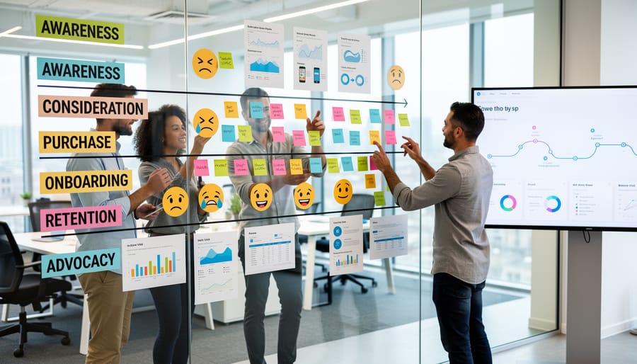 Hands arranging colorful sticky notes to create visual customer journey stages