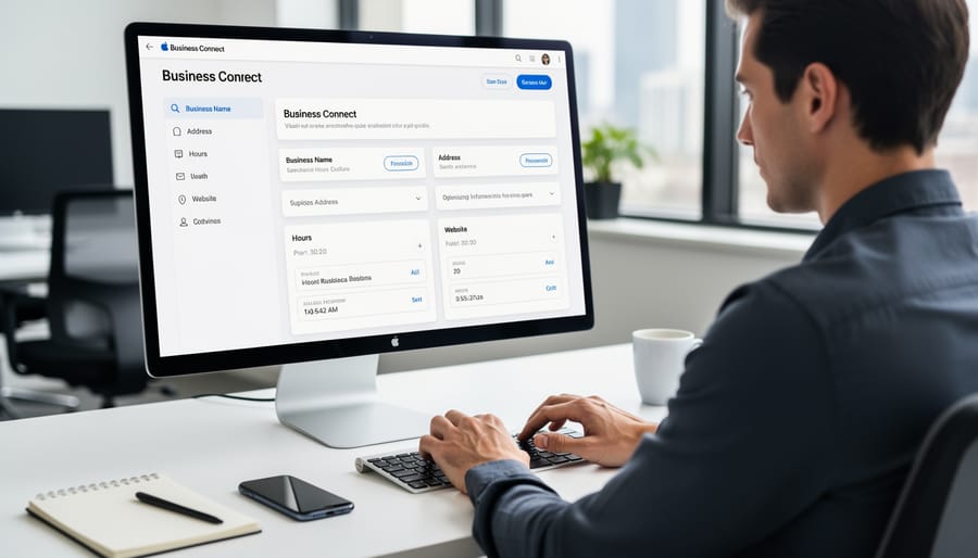 Workspace setup showing laptop with business management tools and coffee