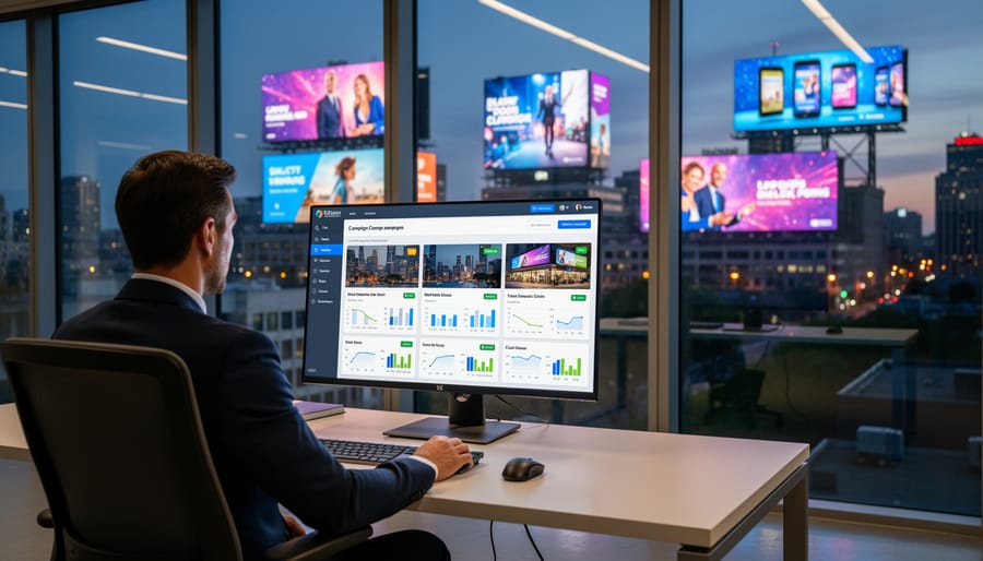 Business professional using tablet to manage digital advertising campaigns at desk