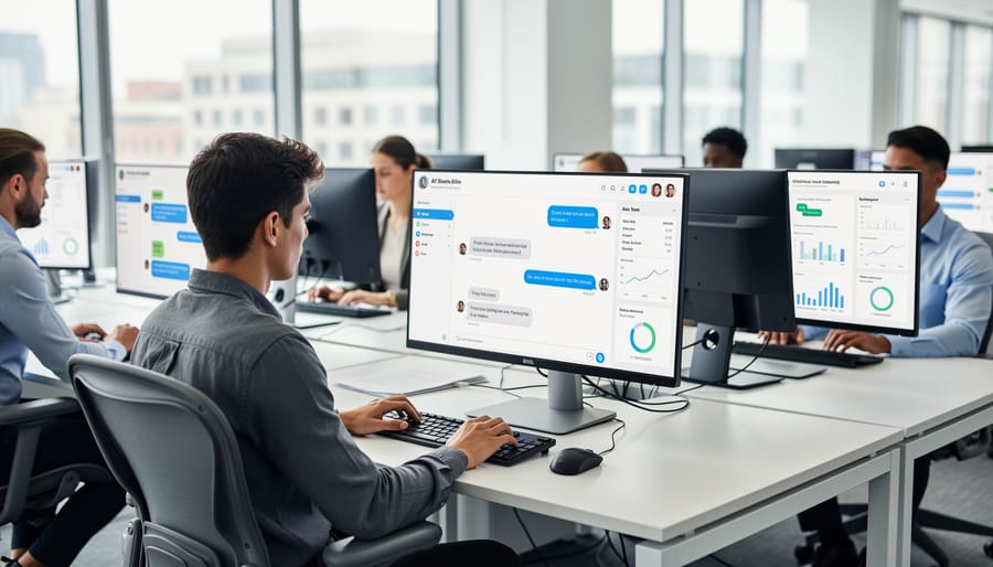 Businesswoman holding smartphone showing chatbot conversation interface