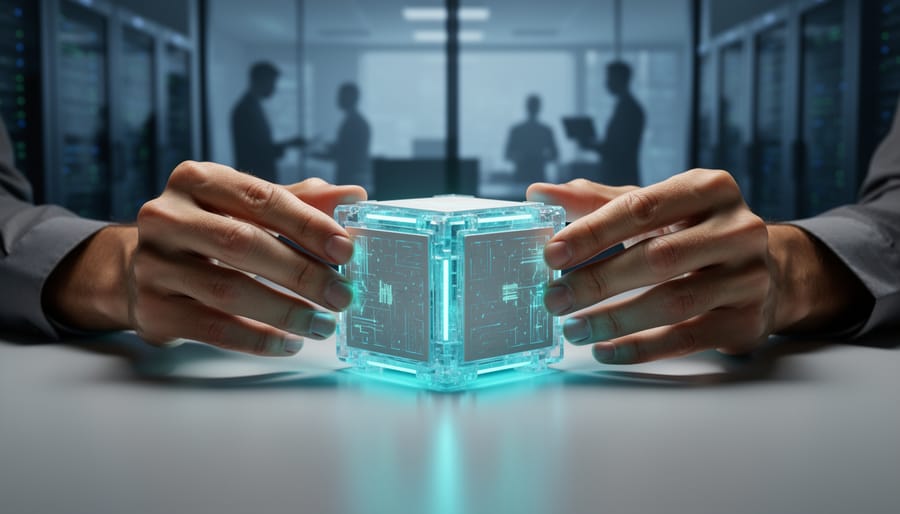 Hands assemble translucent acrylic blocks into a glowing central cube on a desk, seen from a 45-degree overhead angle with soft studio lighting; a blurred glass-walled office and server rack silhouettes in cool blue-gray tones suggest a modern B2B data environment.