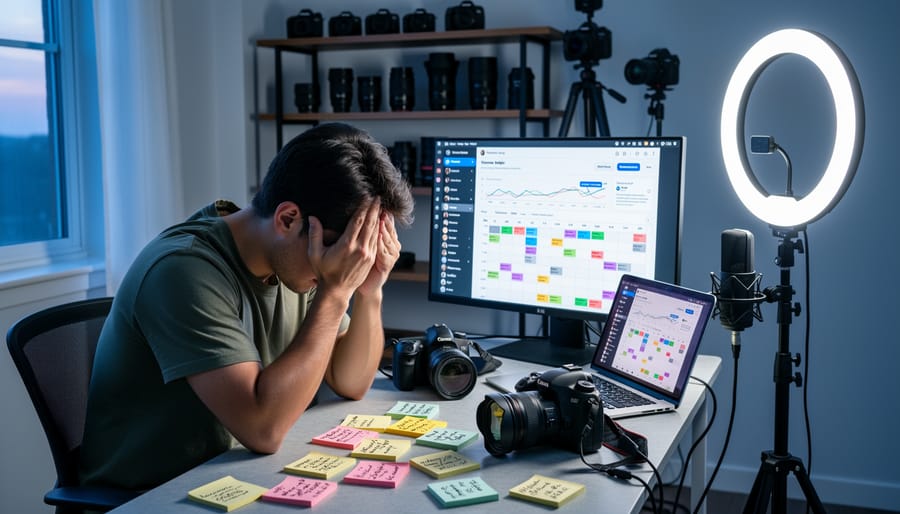 Tired content creator at cluttered desk showing signs of burnout