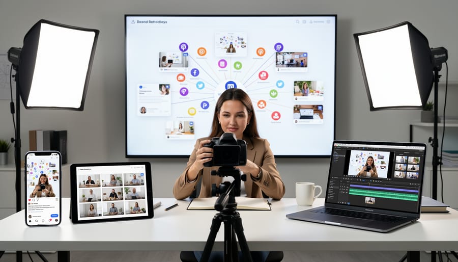 Professional video recording setup with camera, lighting, and smartphone for multi-platform content