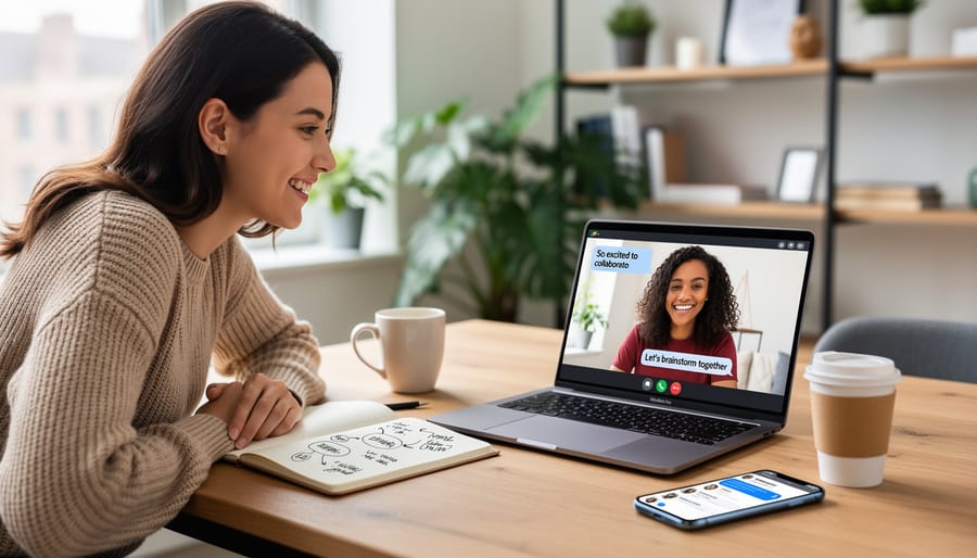 Two professionals engaged in collaborative conversation at coffee shop meeting