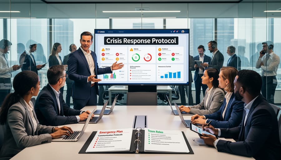 Business team collaborating during crisis management meeting in conference room