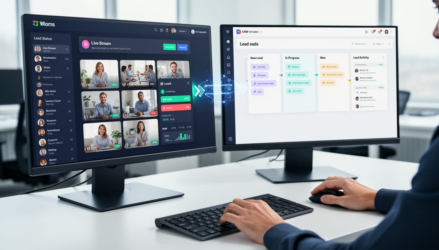 Overhead view of devices showing live stream and CRM integration on modern workspace