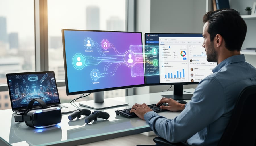 Team collaboration with VR headsets and devices showing synchronized CRM data