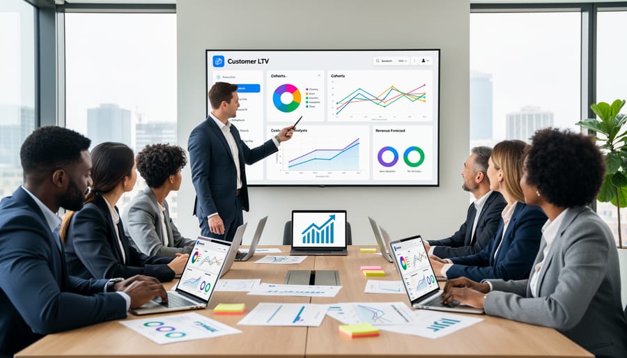 Marketing team collaborating on data-driven growth strategies in modern office meeting