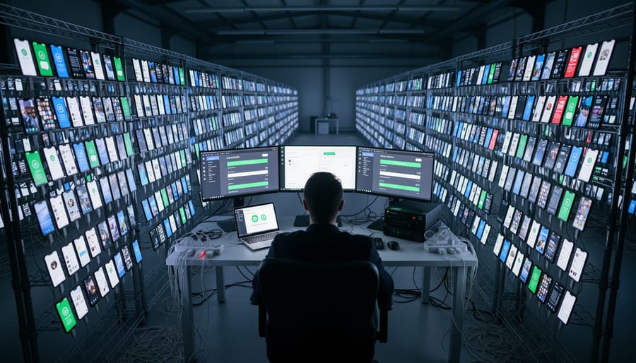 Multiple smartphones arranged in rows connected by cables representing device farm fraud operation