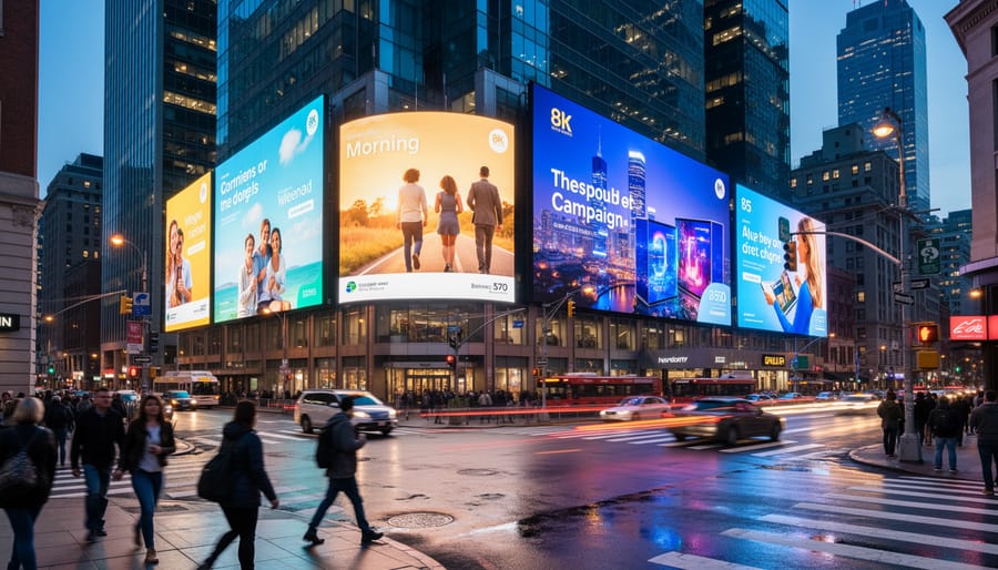 Large digital billboard displaying colorful advertisement in urban setting at dusk