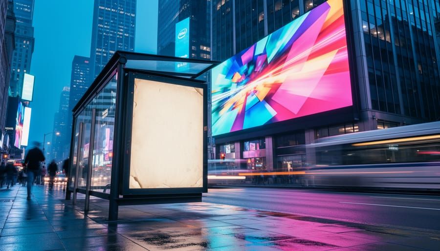 Low-angle dusk view of a city street with large LED digital billboards and a lit transit shelter screen showing colorful visuals without readable text, contrasted by a nearby unlit paper billboard; blurred cars and pedestrians in the background.
