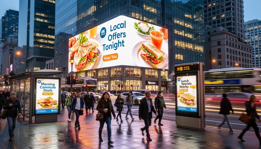 Pedestrians walking past digital advertising display on busy city street