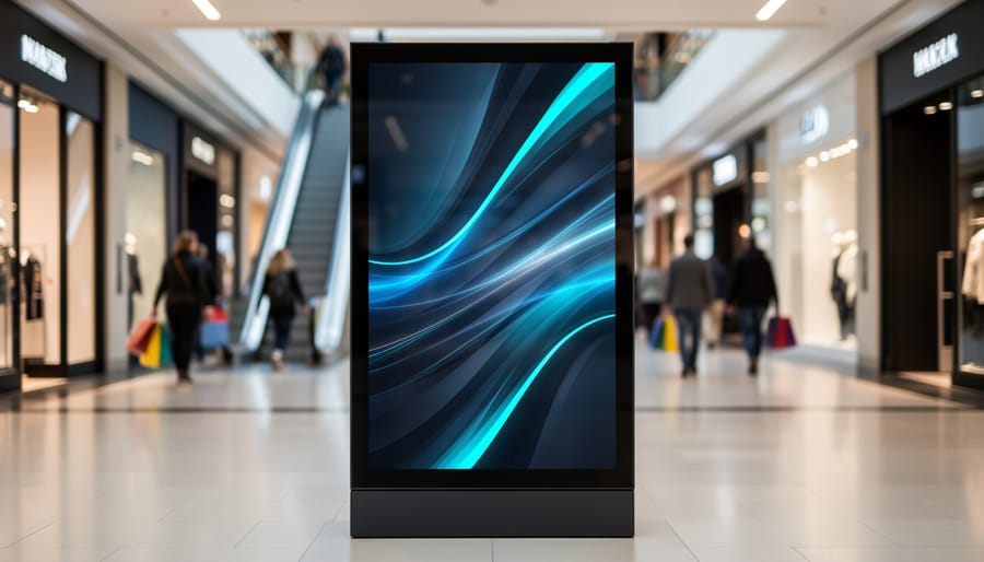 Digital billboard in a shopping mall corridor displaying abstract graphics, with blurred shoppers carrying bags and escalators in the background, no readable signage.