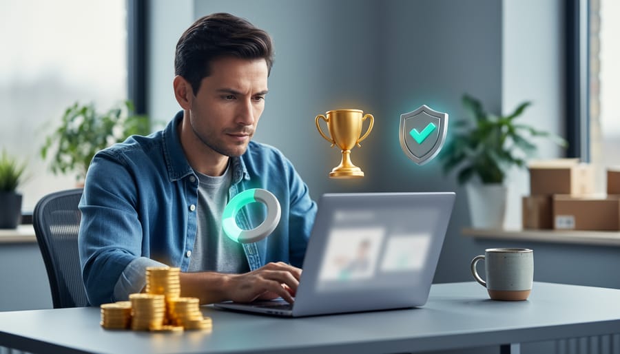 Online shopper at a modern desk using a laptop, with floating trophy, badge, progress ring, and coin icons symbolizing ecommerce gamification; soft daylight and a blurred home office with plants and shipping boxes in the background.