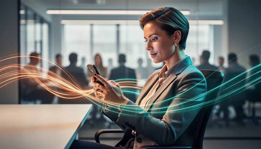 Marketing professional holding a smartphone with warm and cool glowing light trails flowing outward, symbolizing AI-powered emotional resonance, in a softly lit modern office with a blurred background