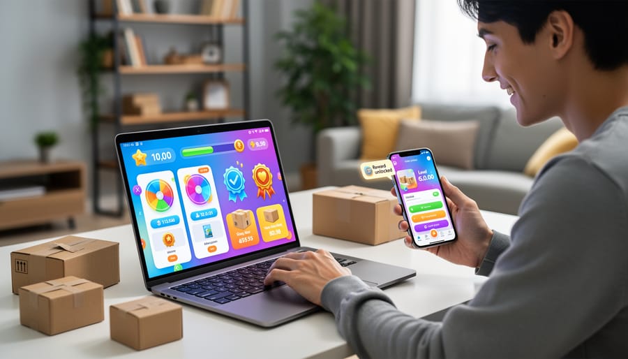 Woman engaged with mobile shopping app on smartphone with excited expression