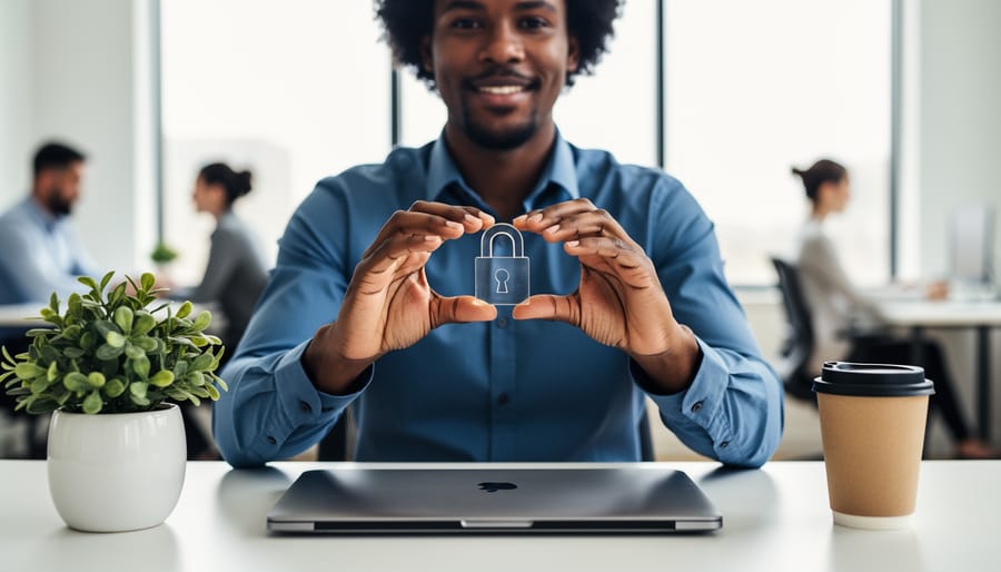 Marketer holding a clear acrylic padlock icon above a closed laptop on a desk with a green plant and reusable cup, in a bright modern office with colleagues blurred in the background.