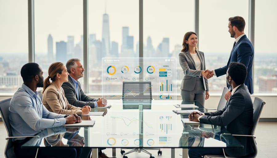 Business professionals shaking hands over desk with laptop showing privacy settings