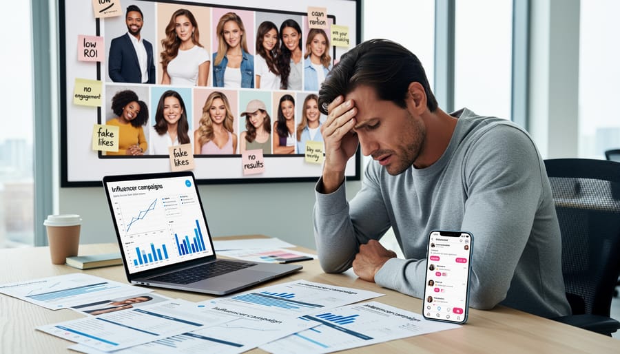 Business owner reviewing disappointing influencer campaign metrics on laptop