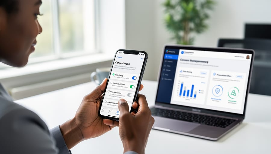 Person's hands holding smartphone with privacy consent controls visible on screen
