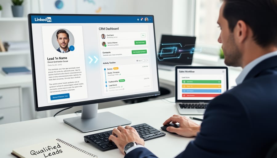 Overhead view of laptop showing LinkedIn profile with smartphone displaying CRM dashboard on modern desk