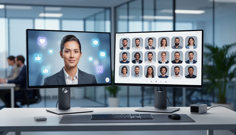 Dual-monitor workstation showing a live video presenter with floating engagement icons on one screen and profile headshots auto-populating on the other, representing automated LinkedIn-to-CRM lead capture; cool blue tones, soft studio lighting, blurred modern office in background.